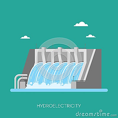 Hydro power plant and factory. Vector Illustration
