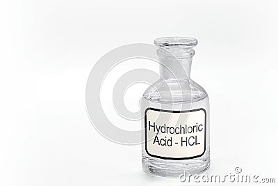 Hydrochloric acid or muriatic acid is a colorless inorganic chemical system with the formula H2O:HCl. Strong and toxic acid for Stock Photo