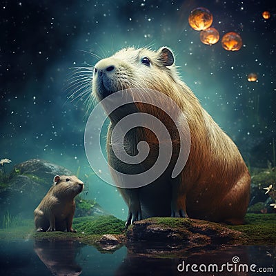 Hydrochoerus Biggest mouse in water with evening light during Wildlife scene fro Cartoon Illustration