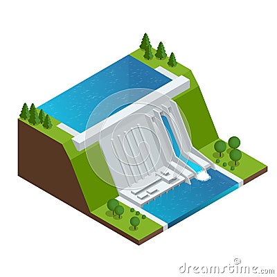 Hydroelectric Power Plant. Factory Electric. Water Power Station Dam Electricity Grid Energy Supply Chain. Flat 3d Vector Illustration