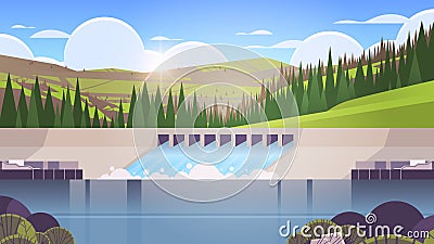 Hydroelectric power production station water spills over the top of dam hydro energy industrial renewable energy sources Vector Illustration