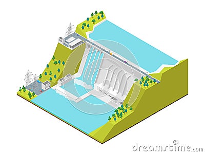 Hydroelectric Power Station Concept 3d Isometric View. Vector Vector Illustration