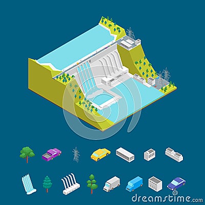 Hydroelectric Power Station Concept and Elements 3d Isometric View. Vector Vector Illustration