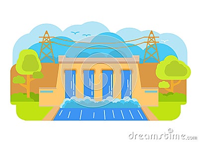 Hydroelectric power station.The dam hydro power plant.Hydro energy. Vector Illustration