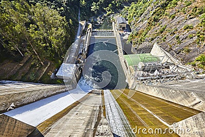 Hydroelectric power station and dam viewed from above. Sil river Stock Photo