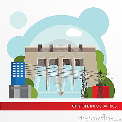 Hydroelectric power station in a flat style. Vector Illustration