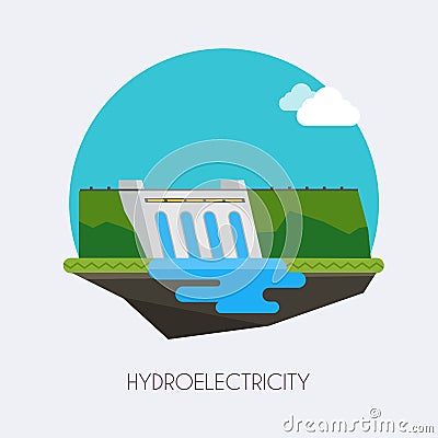 Hydroelectric power station. Landscape and industrial factory Vector Illustration