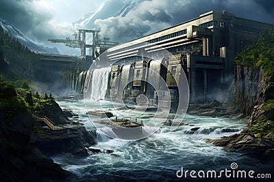 Hydroelectric power station in the mountains. 3D rendering, hydroelectric plant with strong waterfalls falling down, AI Generated Stock Photo