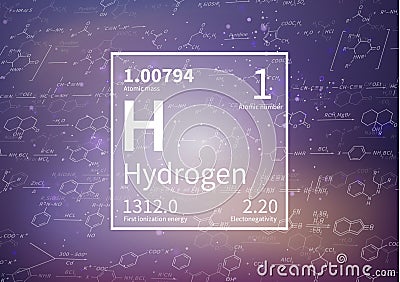 Hydrogen chemical element with first ionization energy, atomic mass and electronegativity values on scientific Stock Photo