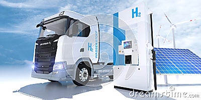 Hydrogen logo on gas stations fuel dispenser. h2 combustion Truck engine for emission free ecofriendly transport Stock Photo