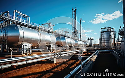 Hydrogen power plant, large steel tanks and pipes, wide angle photo. Clean H2 energy concept Stock Photo