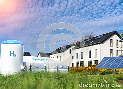 Hydrogen renewable energy production - hydrogen gas for clean electricity at real estate home Stock Photo