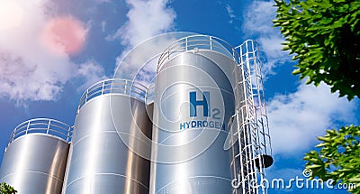 Hydrogen renewable energy production - hydrogen gas for clean electricity solar and windturbine facility Stock Photo