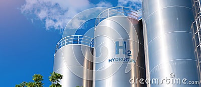 Hydrogen renewable energy production - hydrogen gas for clean electricity solar and windturbine facility Stock Photo