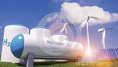 Hydrogen renewable energy production - hydrogen gas for clean electricity solar and windturbine facility. 3d rendering Stock Photo