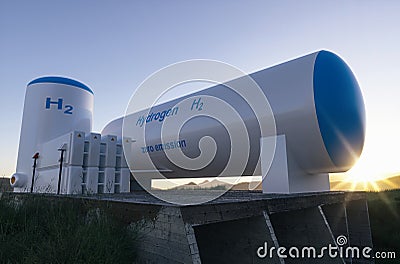 Hydrogen renewable energy production - hydrogen gas for clean electricity solar and windturbine facility. 3d rendering Stock Photo