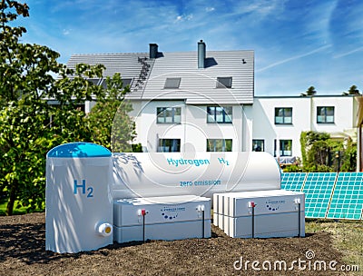 Hydrogen renewable energy production - hydrogen gas for clean electricity at real estate home Stock Photo