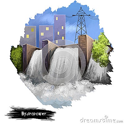 Hydropower digital art illustration isolated on white. Dam building, alternative sources of energy, environmental clean power Cartoon Illustration