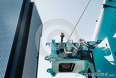 Hydrostatic crane engine.The control system of the crane engine.Lifting hydraulic Department on the truck crane.The hydraulic Stock Photo