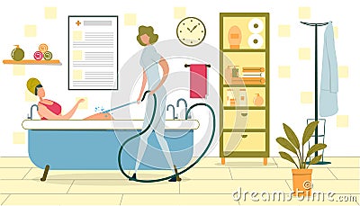 Hydrotherapy or Water Treatment, Doctor with Hose. Vector Illustration