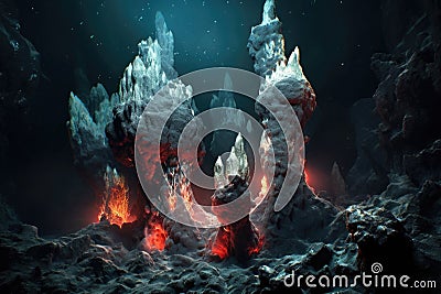 hydrothermal vents with unique mineral formations in darkness Stock Photo