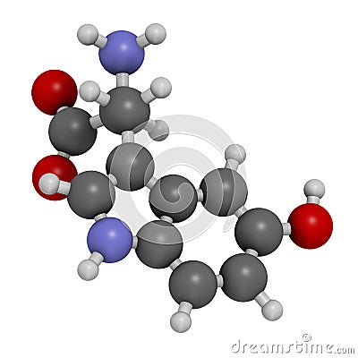 5-Hydroxytryptophan amino acid molecule. 3D rendering. Atoms are represented as spheres with conventional color coding: hydrogen Stock Photo