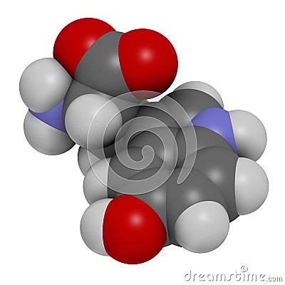5-Hydroxytryptophan amino acid molecule. 3D rendering. Atoms are represented as spheres with conventional color coding: hydrogen Stock Photo