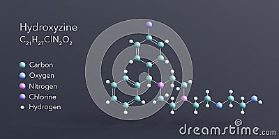 hydroxyzine molecule 3d rendering, flat molecular structure with chemical formula and atoms color coding Stock Photo
