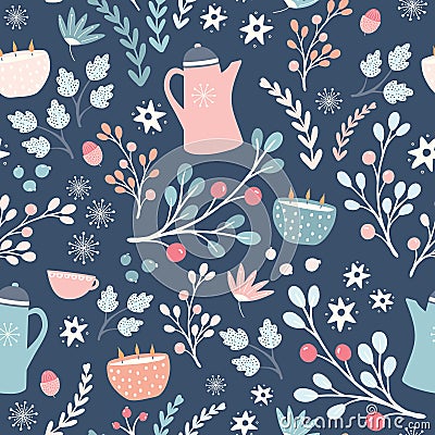 Hygge Autumn and winter pattern design. Cute and cosy vector seamless repeat resource. Vector Illustration