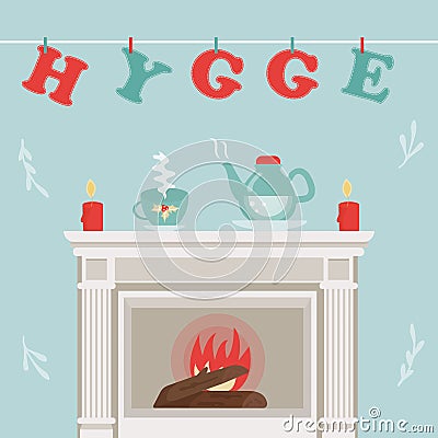 Hygge background with cozy things and elements. Vector Illustration