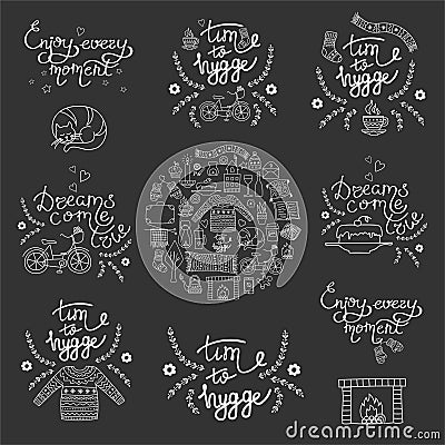 Hygge backgrounds with hand drawn cozy home illustrations Vector Illustration