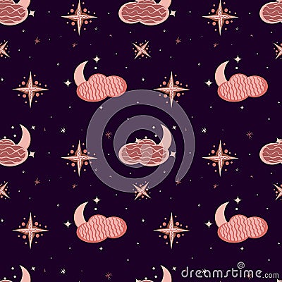 Hygge bakground. Hygge Autumn and winter pattern. Cute and cosy vector seamless pattern. Illustration of moon, clouds, rainbow and Vector Illustration