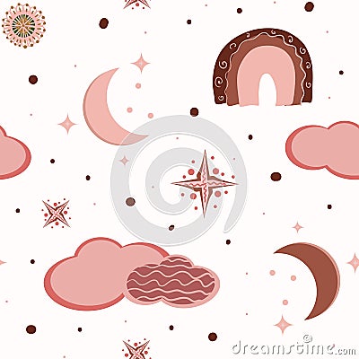 Hygge bakground. Hygge Autumn and winter pattern. Cute and cosy vector seamless pattern. Illustration of moon, clouds, rainbow and Vector Illustration