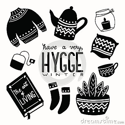 Hygge concept with black and white hand lettering and illustration design. Scandinavian folk motives. Cozy atmosphere at home. Vector Illustration