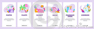 Hygge cozy Danish lifestyle. Mobile app onboarding screens, vector website banner template. Cartoon Illustration