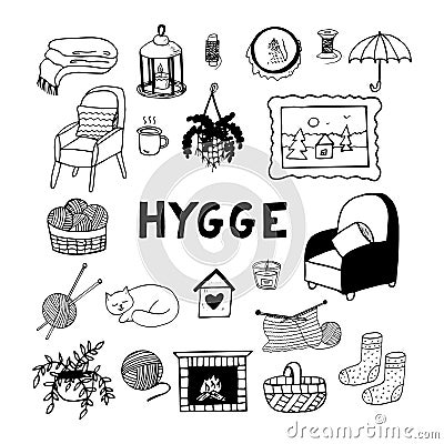 Hygge cozy home set hand drawn in doodle style. collection of elements for design icon, sticker, poster, card. vector, Stock Photo