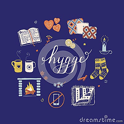 Hygge. Cozy home things. Danish living concept. Vector Illustration