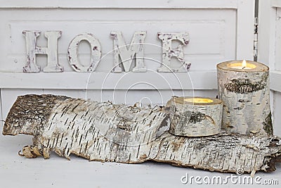 Hygge Decoration With Birch Wood Candle Holders Stock Photo