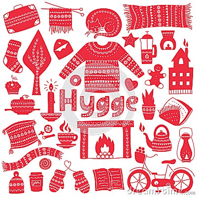 Hygge. Hand drawn doodle icons set Vector Illustration