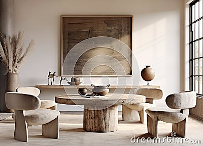 Hygge interior design of modern living room with rustic furniture. Created with generative AI Stock Photo