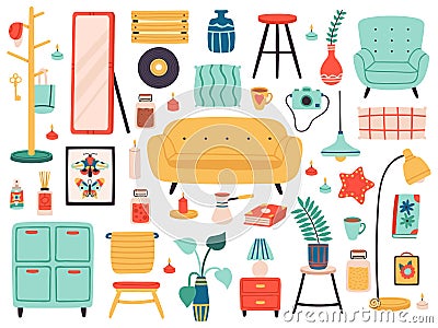 Hygge interior elements. Doodle furniture and comfortable cozy home accessories, living room interior elements isolated Vector Illustration