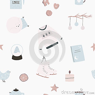 Hygge seamless pattern with cozy things - sweater, skates, candles, books, cookies and cat Vector Illustration