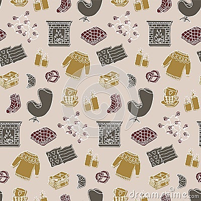 Hygge seamless pattern. Cute illustration of autumn and winter hygge elements. Vector Illustration