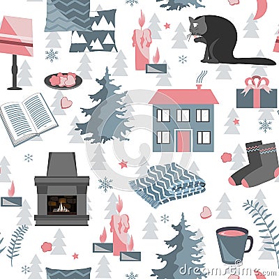 Hygge seamless pattern. Vector illustration with forest plants and cozy home things Vector Illustration