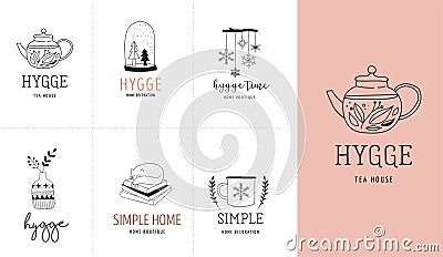 Hygge - Simple Life in Danish, collection of hand drawn elegant and clean logos, elements Vector Illustration