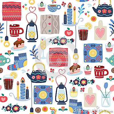 Hygge style decorations seamless background. Vector Illustration