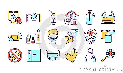 Hygiene color line icons set. Virus protection. Pictograms for web page, mobile app, promo. Vector Illustration