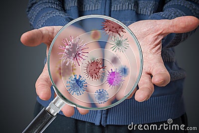 Hygiene concept. Man is showing dirty hands with many viruses and germs Stock Photo