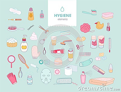 Hygiene elements on green background Vector Illustration
