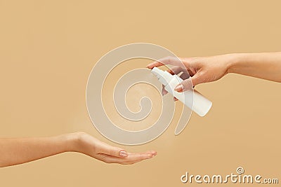 Hygiene. Female Hands Using Spray Antiseptic To Stop Spreading Of Coronavirus. Stock Photo